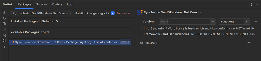Select the Syncfusion.DocIORenderer.Net.Core NuGet package