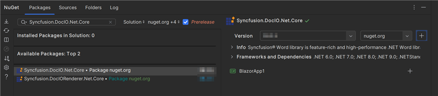 Select the Syncfusion.DocIO.Net.Core NuGet package
