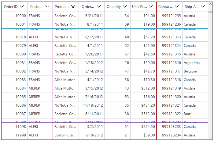 Windows forms datagrid showing conditional freeze line styling