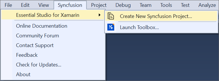 Syncfusion<sup>®</sup> Menu when No project selected in Visual Studio Intergration